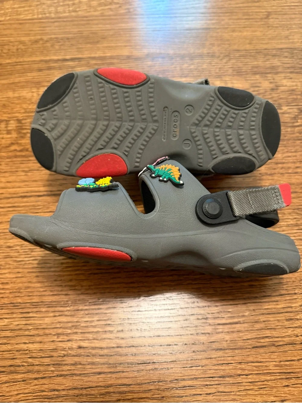 CROCS Kids Gray Slide Sandals with Colorful Dino Jibbitz